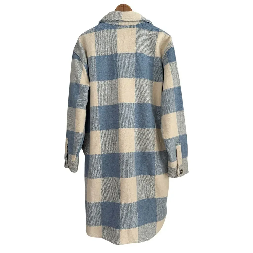 BlankNYC Medium Blue & Ivory Plaid Shacket Longline Button Front Jacket Coat